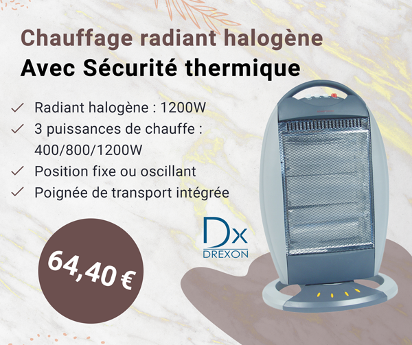 Drexon 704104 - Chauffage radiant halogène 1200W - 39 x 27.5 x 60 cm- Avec Sécurité thermique - Gris