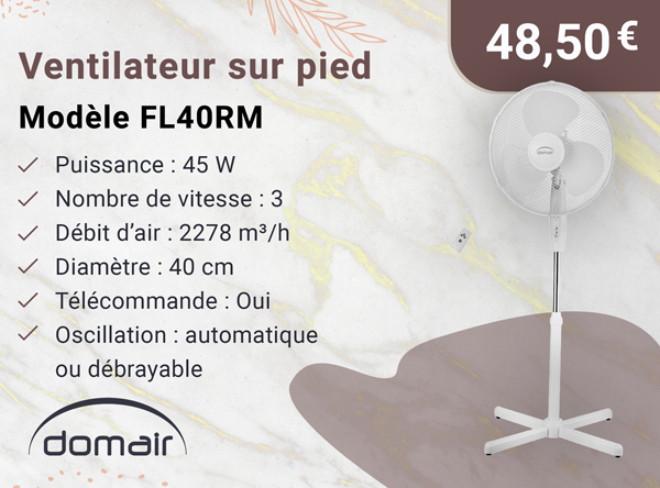 DOMAIR FL40RM 000624 - Ventilateur sur Pied 45W- Avec télécommande -