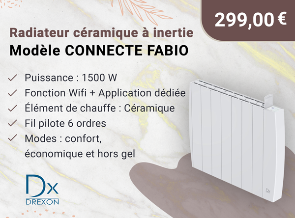 Dx 755115- Radiateur céramique à inertie CONNECTE FABIO 1500W - 66 x 9 x 58 cm - Blanc