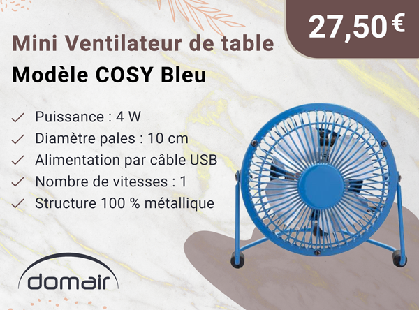 DOMAIR COSY Bleu 003632 - Mini ventilateur de table USB 4W - Diamètre des pales 10 cm - Bleu