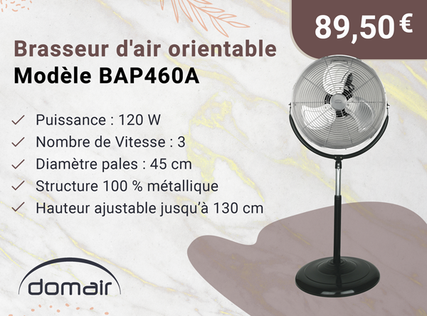 DOMAIR BAP460A 003634 - Brasseur d'air orientable - 120 Watts - Sur pied - 45 cm - 3 vitesses - Inclinable - Noir