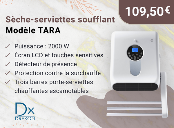 Drexon 813510 -Sèche-serviettes soufflant 2000W TARA - 35.5x14.5x58 cm- Affichage Led