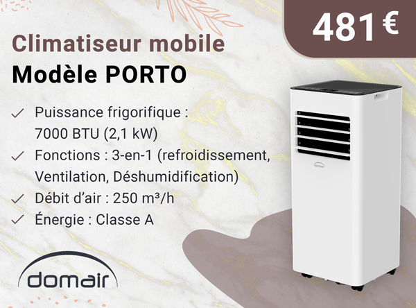 DOMAIR PORTO 003690 - Climatiseur mobile 7000 BTU (2,1 kW) - Classe A