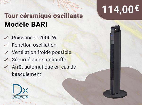 Drexon 930900 - Tour céramique oscillante 2000 W BARI - 31*89.5*31 cm- avec télécommande-