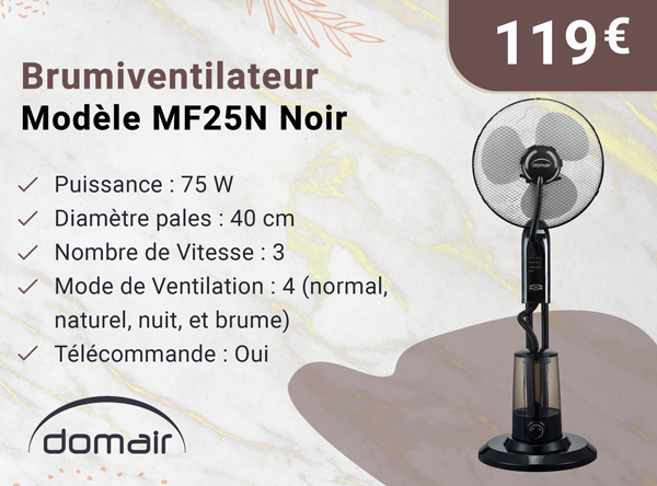 DOMAIR MF25N 001062 - Brumiventilateur noir - 75 Watts - 3 Vitesses - Avec Télécommande -