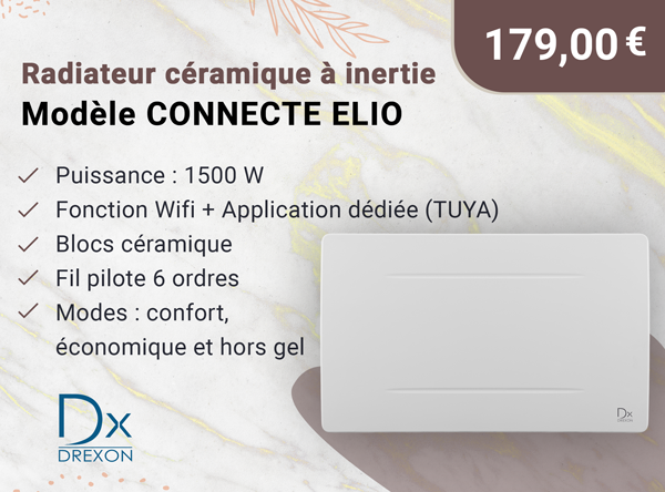 Dx 748115- Radiateur céramique à inertie CONNECTE ELIO 1500W - 74,3 x 10.8 x 45.5 cm - Blanc
