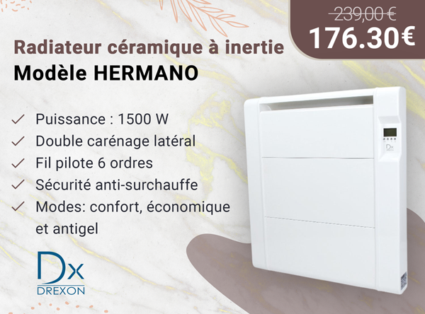 Drexon 744150- Radiateur céramique à inertie HERMANO 1500W - 65,5 x 7,5 x 59 cm - Blanc