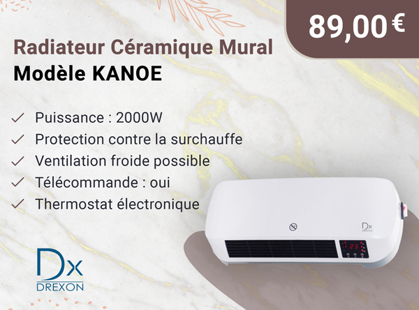 DX 745160 - Radiateur Céramique Mural 2000W KANOE - 45*18.6*11.5 cm -avec télécommande-