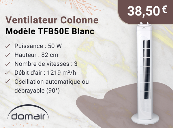 DOMAIR TFB50E 001765 - Ventilateur Colonne - 50 Watts - Oscillation Débrayable et Automatique - 82 cm de Hauteur - Blanc