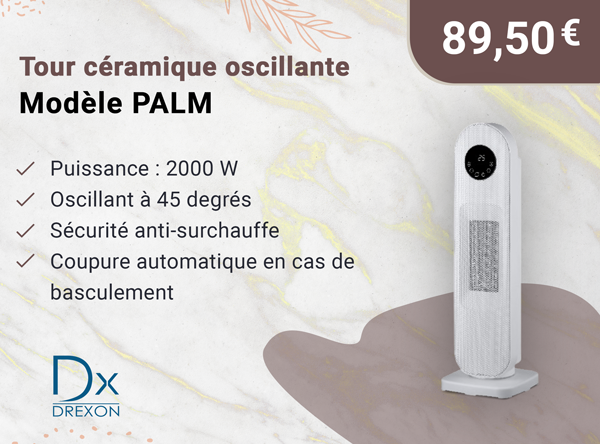 Drexon 930140 -Tour céramique oscillante 2000 W PALM- 19*19*60cm -