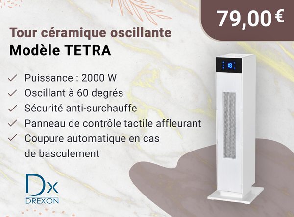 Drexon 930120 - Radiateur céramique oscillant 2000 W TETRA - 17.6*18.6*56 cm- avec télécommande