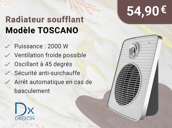 Drexon 923505 - Radiateur soufflant 2000W TOSCANO- IP21- 24.7* 33* 15.3 cm -