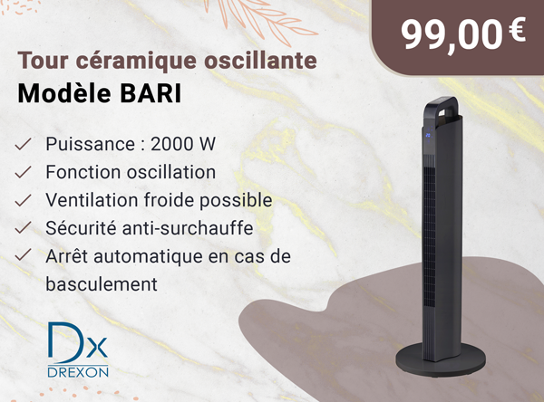 Drexon 930900 - Tour céramique oscillante 2000 W BARI - 31*89.5*31 cm- avec télécommande-