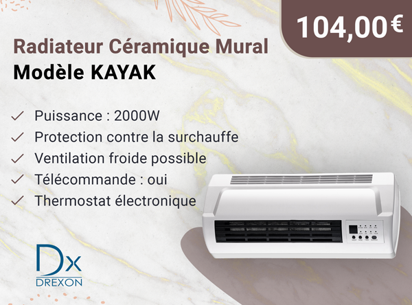 DREXON 745060- Radiateur Céramique Mural 2000W KAYAK - 45 cm x 11 cm x 16,5 cm- avec télécommande -