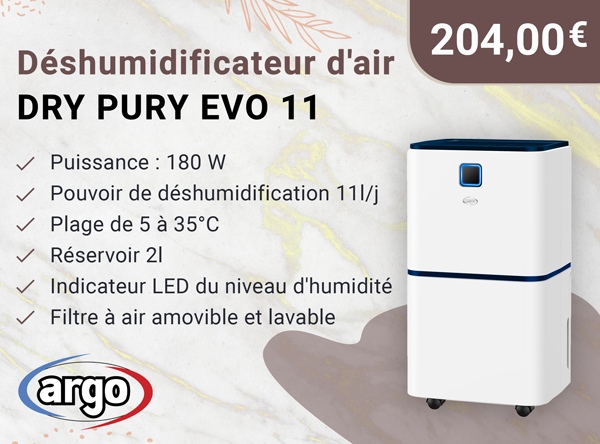 ARGO DRY PURY EVO 11 Déshumidificateur d'air - 11L/jour - 180 Watts - Réservoir d'eau 2 Litres - Commande Simple