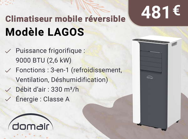 DOMAIR LAGOS 003691 - Climatiseur 9000 BTU réversible (2,6 kW) - Classe A