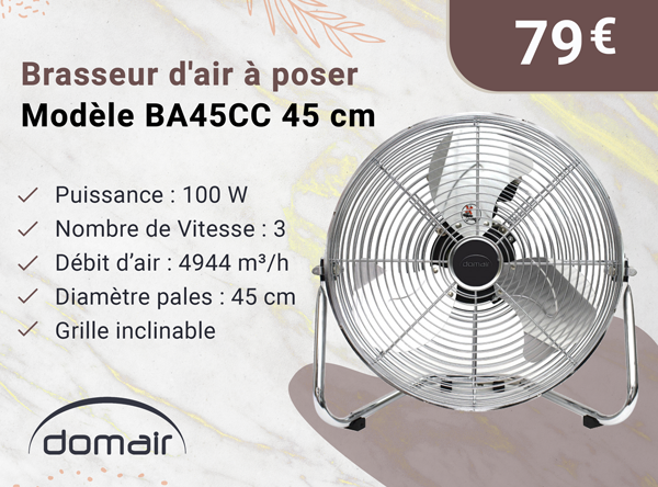 DOMAIR BA45CC 002763 - Brasseur d'air à poser 100 Watts - 3 pales de 45 cm - 3 vitesses - Inclinable - Chrome