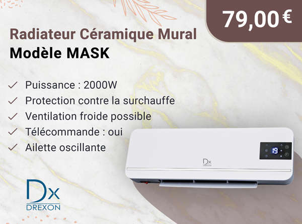 Drexon 745070 -Radiateur céramique mural 2000W MASK- 56*14*18.5 cm- avec télécommande