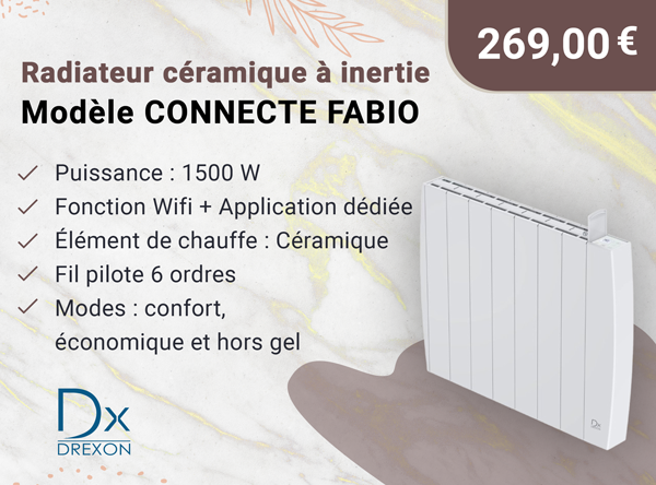 Dx 755115- Radiateur céramique à inertie CONNECTE FABIO 1500W - 66 x 9 x 58 cm - Blanc