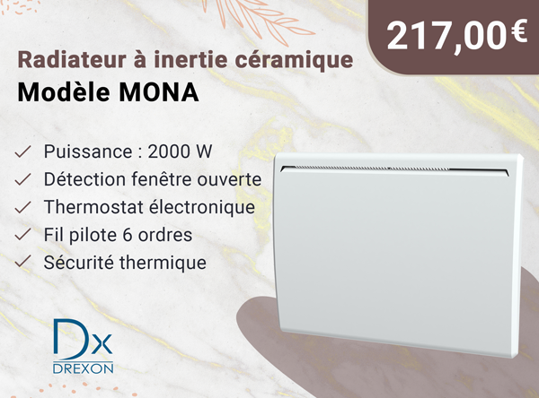 DREXON 744020- Radiateur à inertie céramique 2000 W MONA - 90 cm x 12,3 cm x 45 cm - Blanc