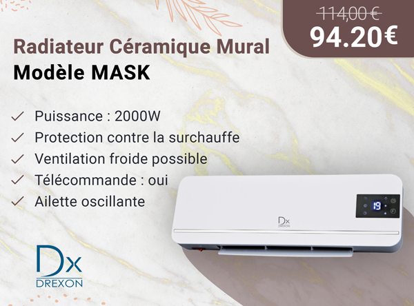 Drexon 745070 -Radiateur céramique mural 2000W MASK- 56*14*18.5 cm- avec télécommande