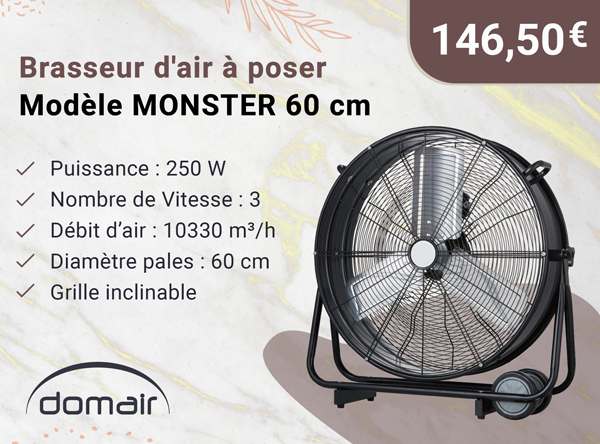 DOMAIR MONSTER 003637 - Brasseur d'air industriel poser - 250 W -60 cm - 3 vitesses - 5 pales - Inclinable à 90° - Noir