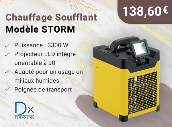DREXON 924330- Chauffage Soufflant 3300 W STORM- 23,5 cm x 25,7 cm x 36 cm - Arrêt automatique- Jaune/Noir