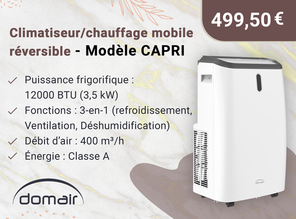 DOMAIR CAPRI 003679 - Climatiseur/chauffage mobile réversible 3500 W -12000 BTU avec télécommande- environ 30 m2-