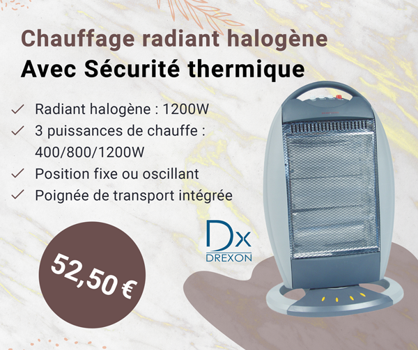 Drexon 704104 - Chauffage radiant halogène 1200W - 39 x 27.5 x 60 cm- Avec Sécurité thermique - Gris
