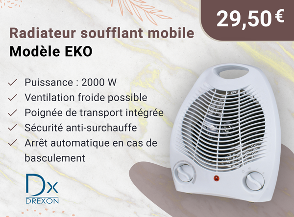 Drexon 923200 - Radiateur soufflant mobile 2000W EKO - 22*13*27 cm -Thermostat mécanique - Blanc