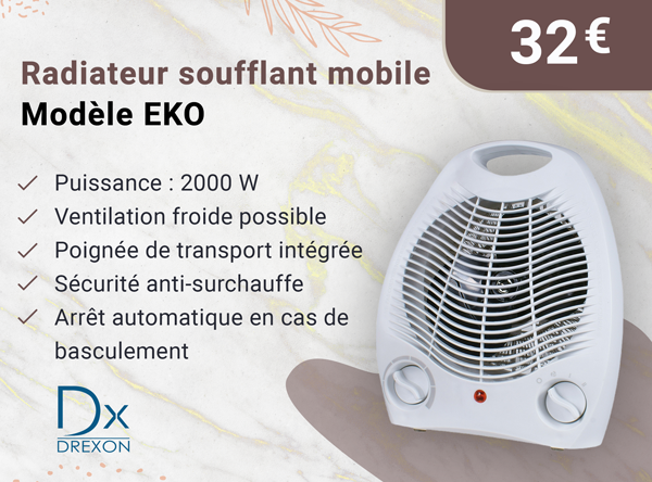 Drexon 923200 - Radiateur soufflant mobile 2000W EKO - 22*13*27 cm -Thermostat mécanique - Blanc