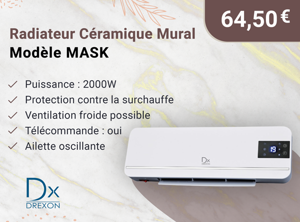 Drexon 745070 -Radiateur céramique mural 2000W MASK- 56*14*18.5 cm- avec télécommande