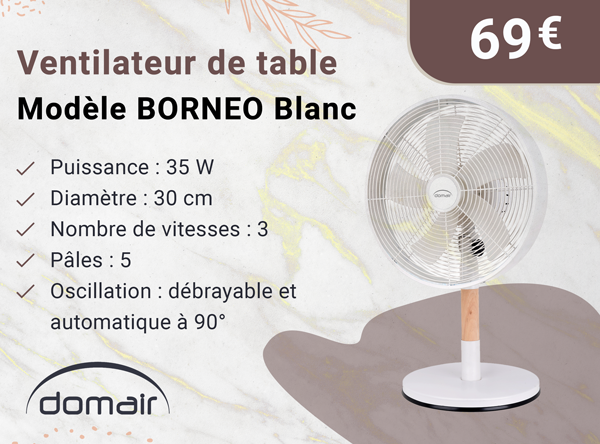 DOMAIR BORNEO BLANC 001747 - Ventilateur de Table blanc 35 Watts -30 cm de Diamètre