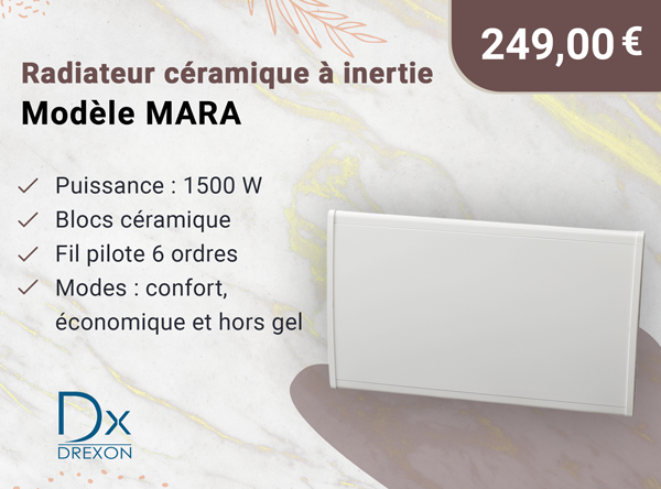 Drexon 744215 - Radiateur céramique à inertie MARA 1500W - 73,5 x 10 x 45 cm - Blanc