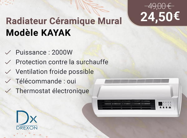 DREXON 745060- Radiateur Céramique Mural 2000W KAYAK - 45 cm x 11 cm x 16,5 cm- avec télécommande -